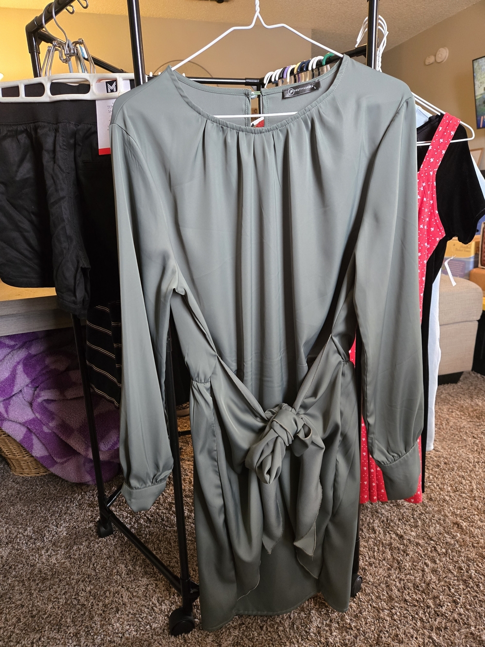 Olive Long-Sleeve Tie-Waist Midi Dress
